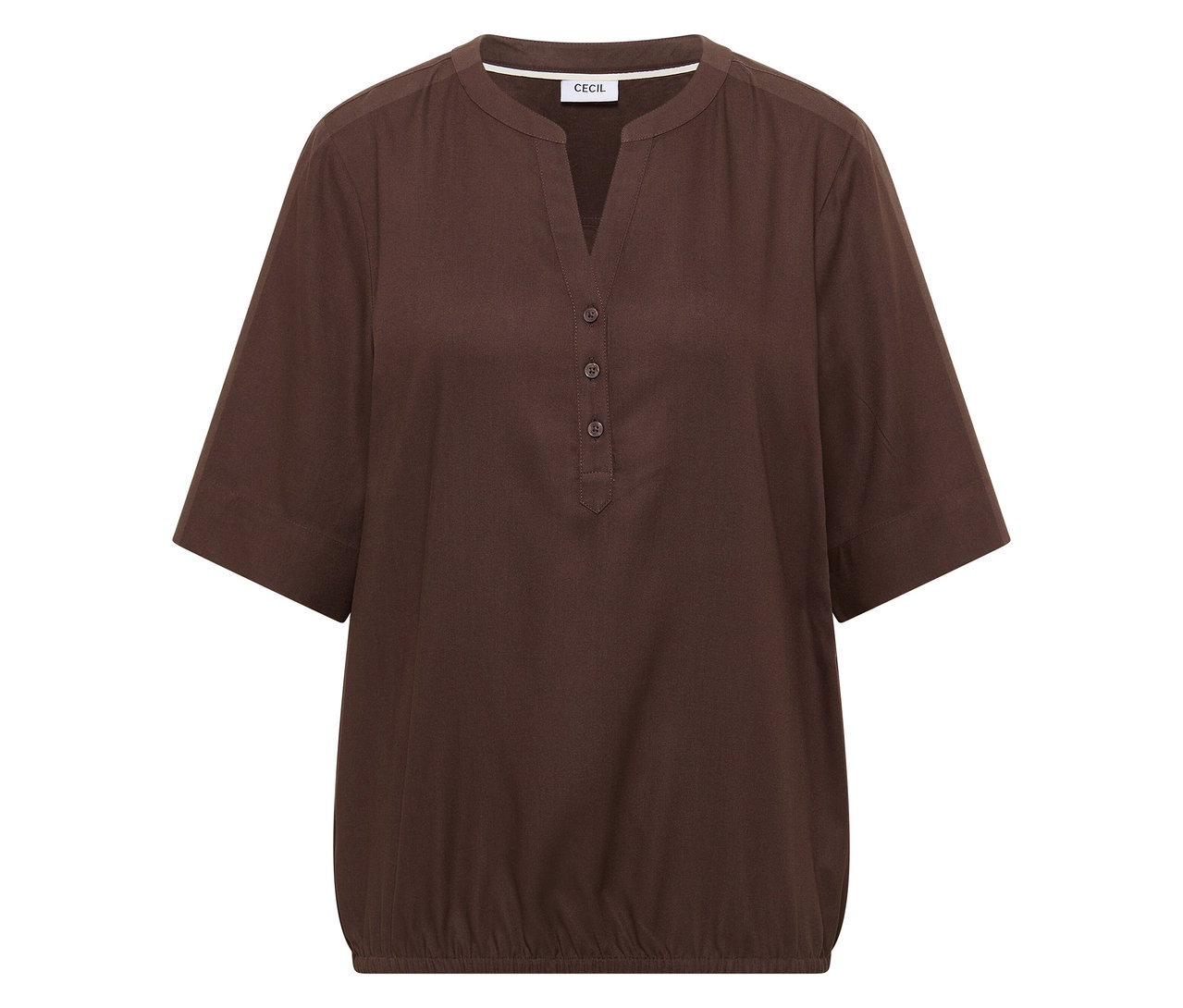 Brązowa bluzka tunikowa CECIL z dekoltem w serek i krótkimi rękawami.