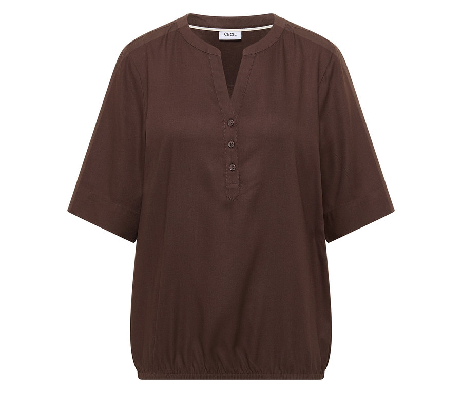 Brązowa bluzka tunikowa CECIL z dekoltem w serek i krótkimi rękawami.