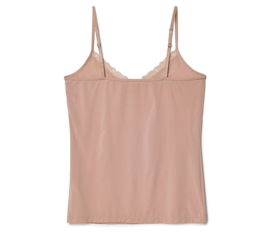 Tył beżowego topu na ramiączkach z koronką przy dekolcie i regulowanymi ramiączkami.