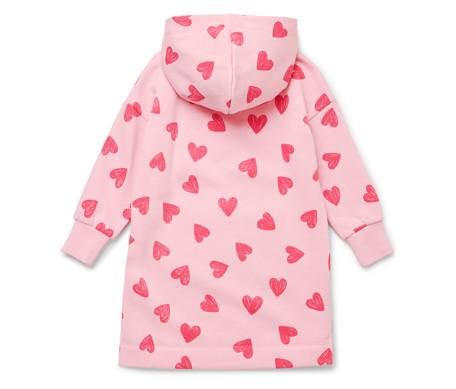 Różowa sukienka z kapturem w czerwone serca.