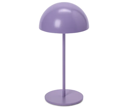 Fioletowa lampa ze sferycznym kloszem i podstawą.