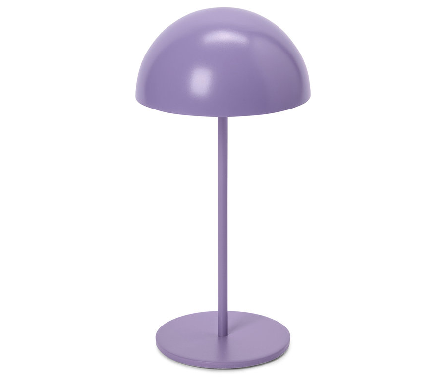 Fioletowa lampa ze sferycznym kloszem i podstawą.