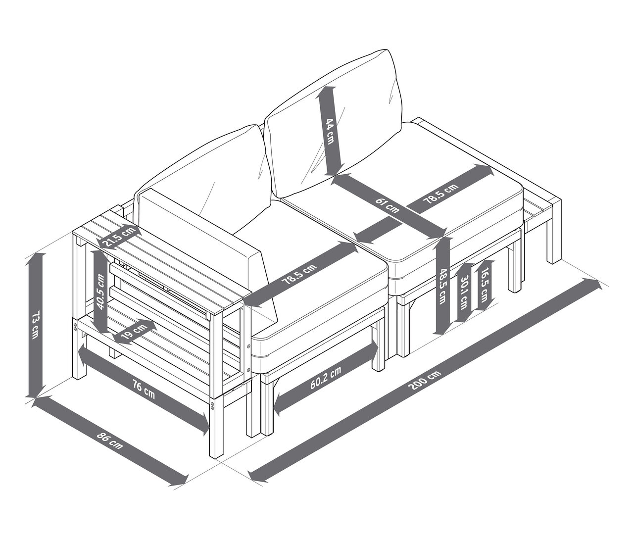 Ilustracja sofy ogrodowej z oddzielnie wysuwanymi podnóżkami i wymiarami.