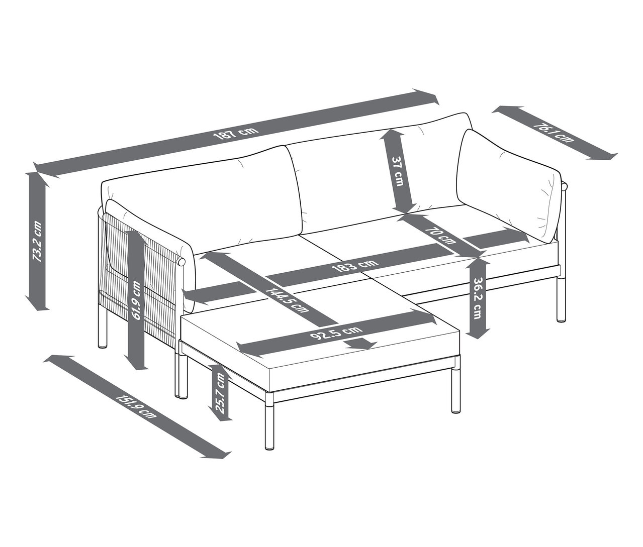 Ilustracja przedstawia wygodną sofę ogrodową z oddzielnym podnóżkiem wraz z wymiarami.