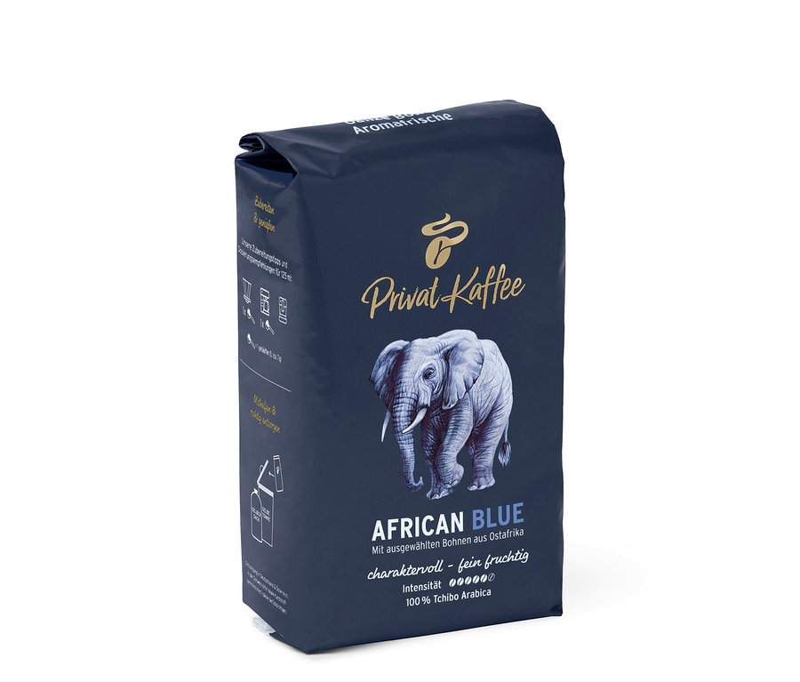 Opakowanie kawy ziarnistej Privat Kaffee African Blue z obrazkiem słonia.