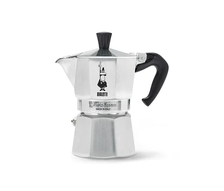 Srebrna kawiarka Bialetti Moka Express, 130 ml, z czarną rączką i gałką, na białym tle.