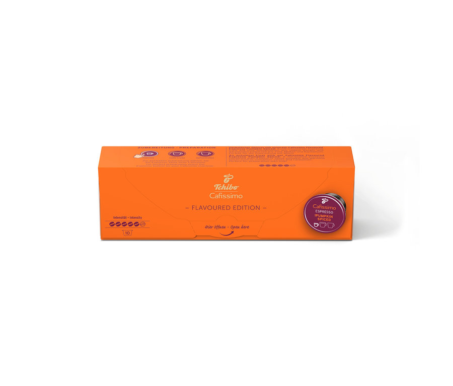 Pomarańczowe opakowanie Cafissimo Flavoured Espresso Pumpkin Spiced z 10 kapsułkami i intensywnością 5 z 6.