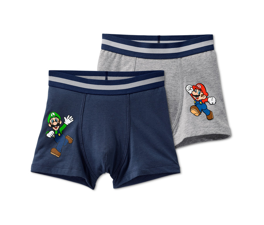 Dwie pary bokserek »Super Mario«: jedna granatowa z postacią Luigi, druga szara z postacią Mario.