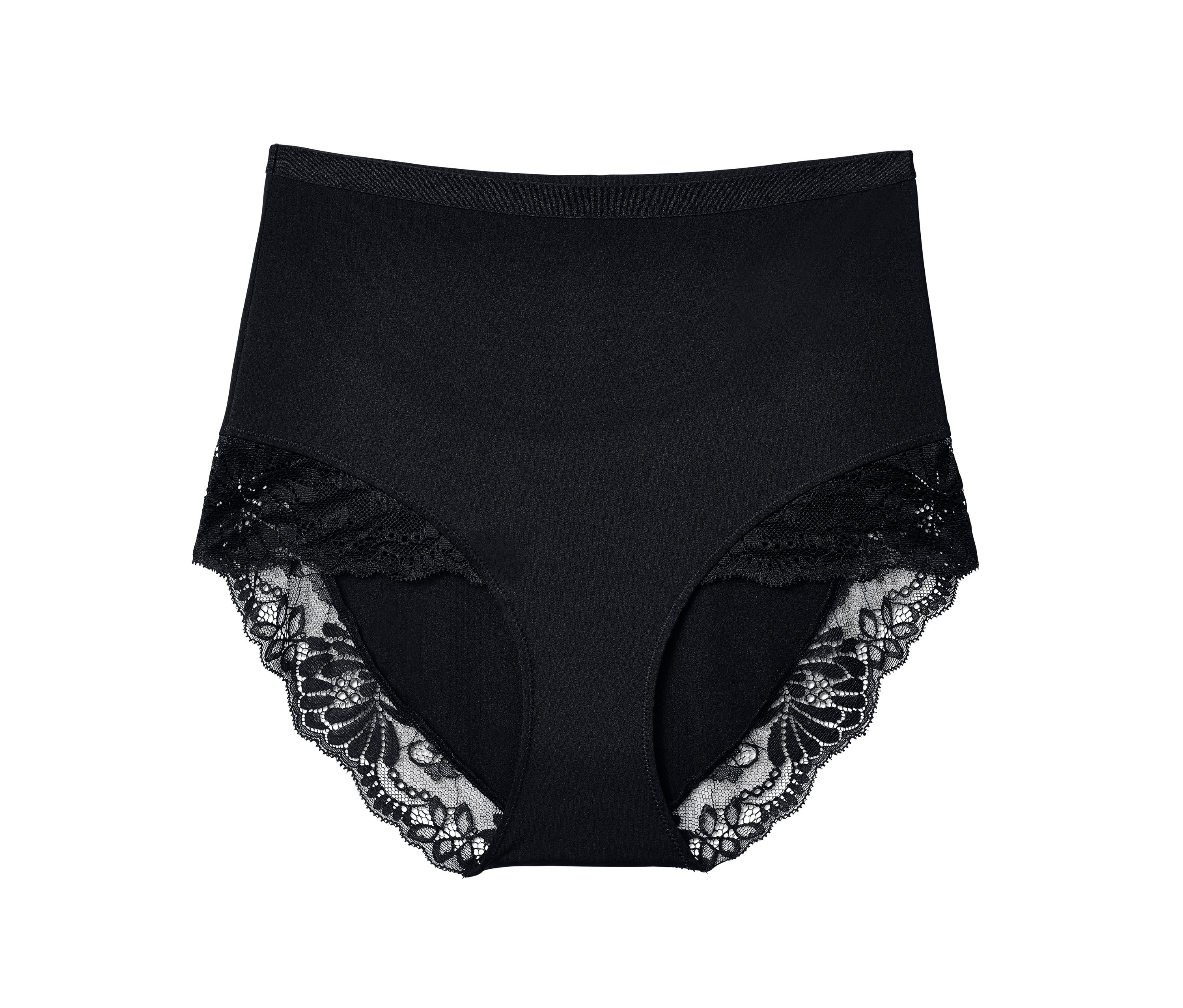 Czarne damskie figi modelujące z wysokim stanem i koronką.