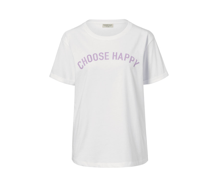 Biała koszulka z bawełny ekologicznej z fioletowym napisem "choose happy".