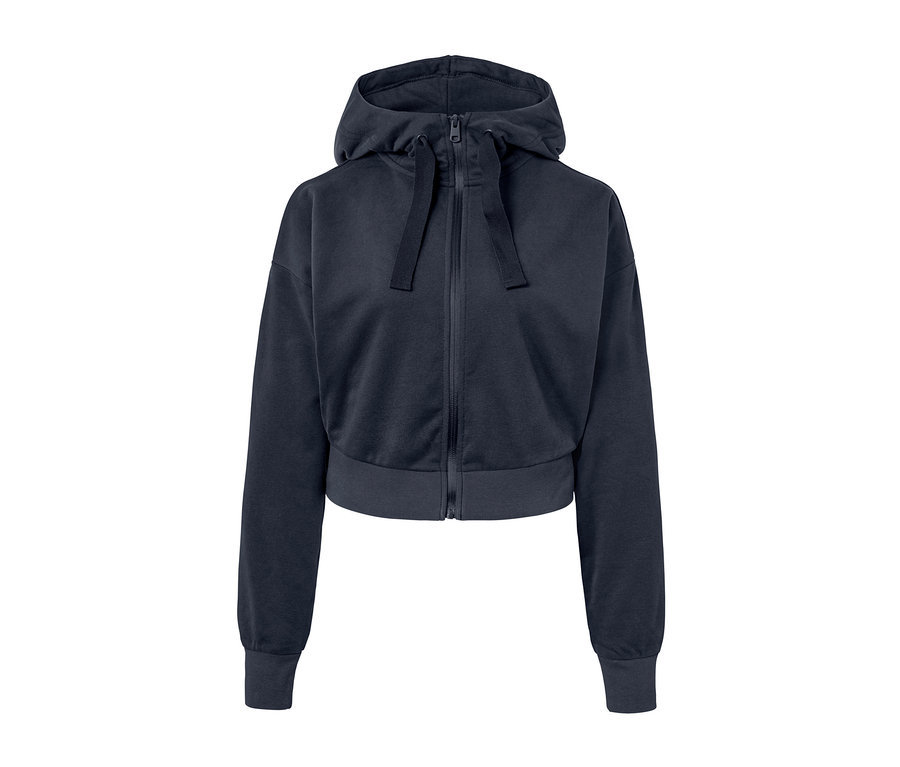 Granatowa, krótka sportowa bluza dresowa z zamkiem błyskawicznym i kapturem.