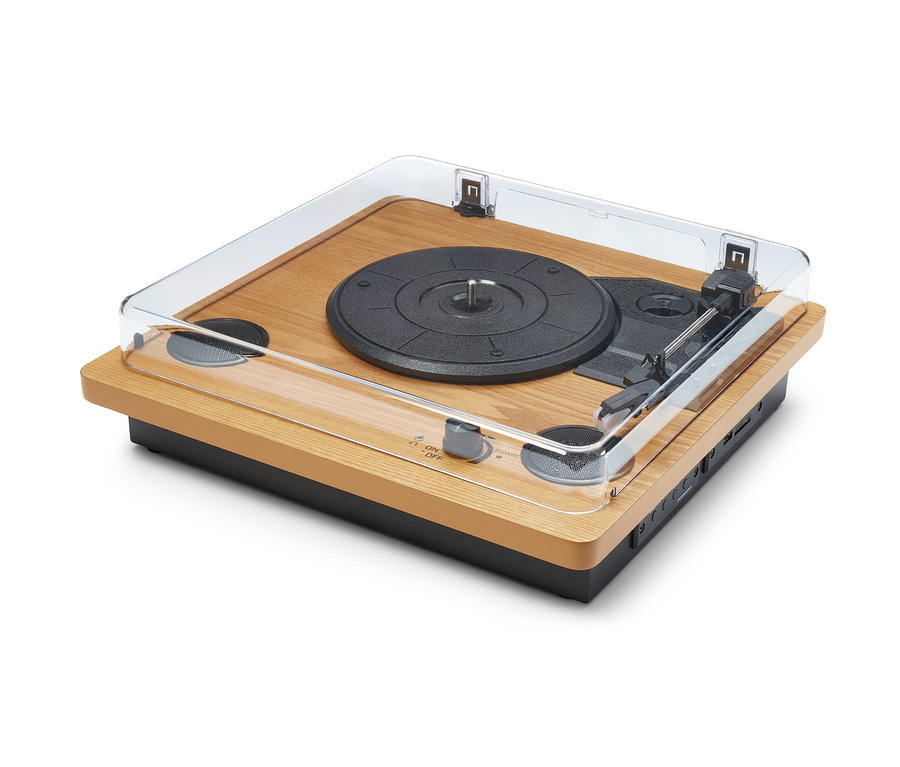 Szczegół gramofonu »Dual DTR 61« z wbudowanymi głośnikami.