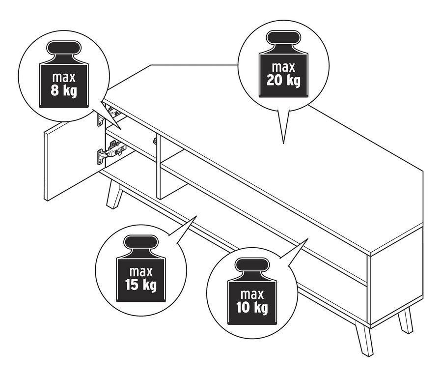 Rysunek narożnej niskiej szafki z otwartymi drzwiami i maksymalnymi ograniczeniami wagi.