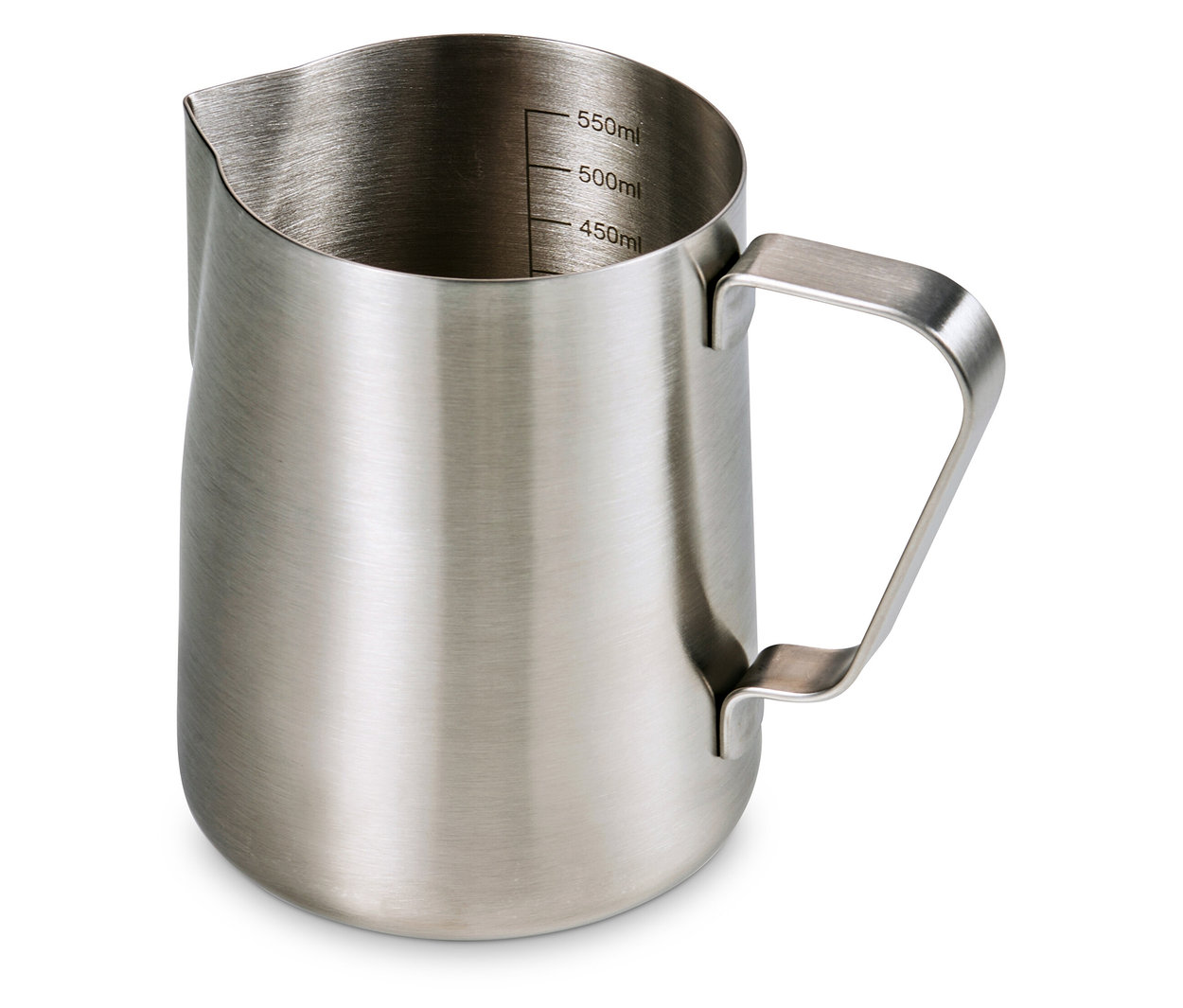 Dzbanek na mleko, mały, w kolorze stali nierdzewnej.