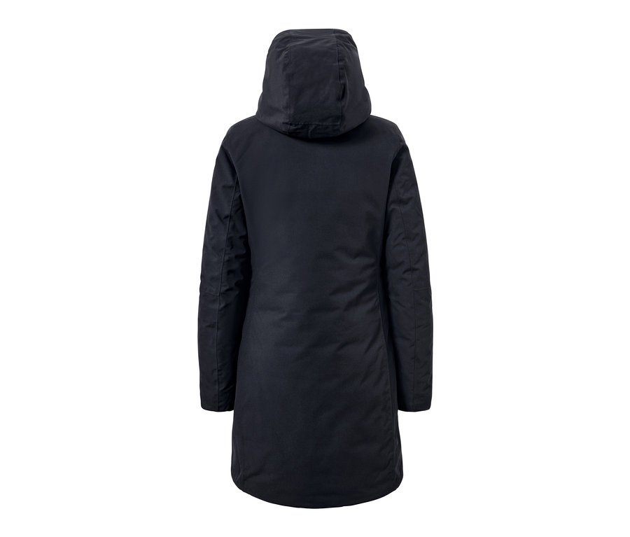 Widok z tyłu granatowego płaszcza termoaktywnego.
