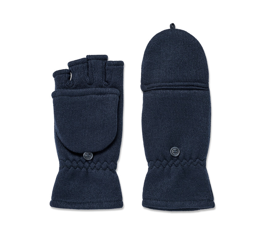 Dwie granatowe rękawiczki polarowe z klapką, jedna z otwartą klapką.