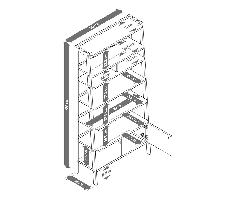 Rysunek regału z podanymi wymiarami.