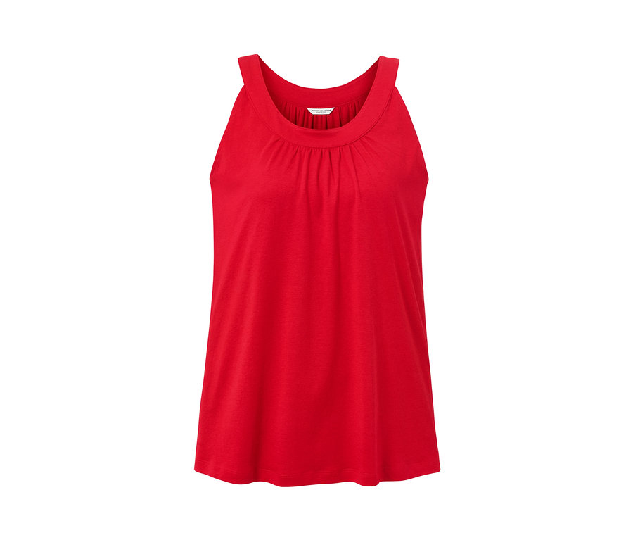Czerwony top bez rękawów.