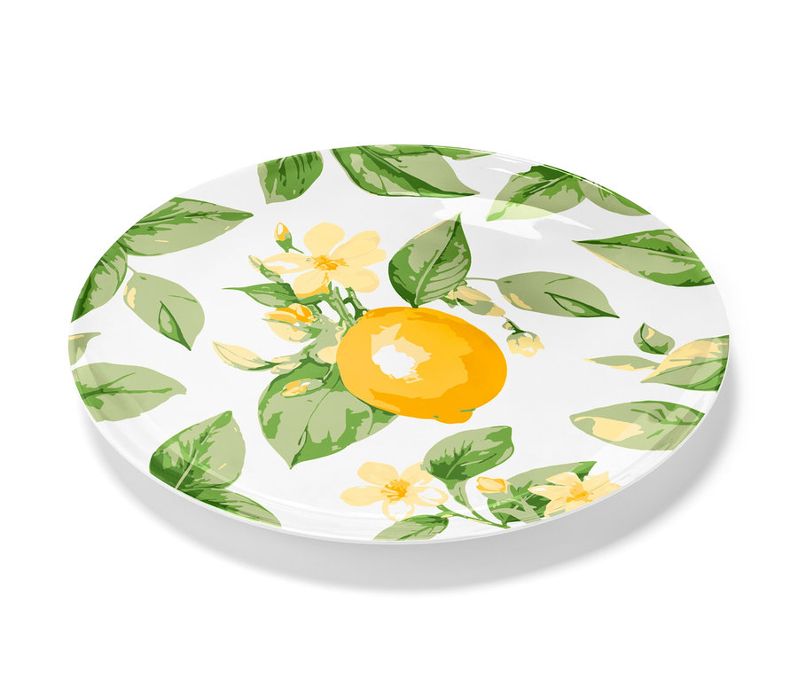 Talerz do serwowania z motywem cytryny, kwiatów i liści.
