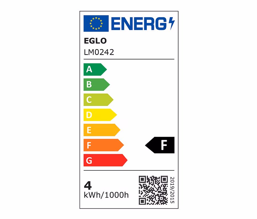 Etykieta energetyczna z klasami od A do G, produkt EGLO LM0242, zużycie 4 kWh/1000h.