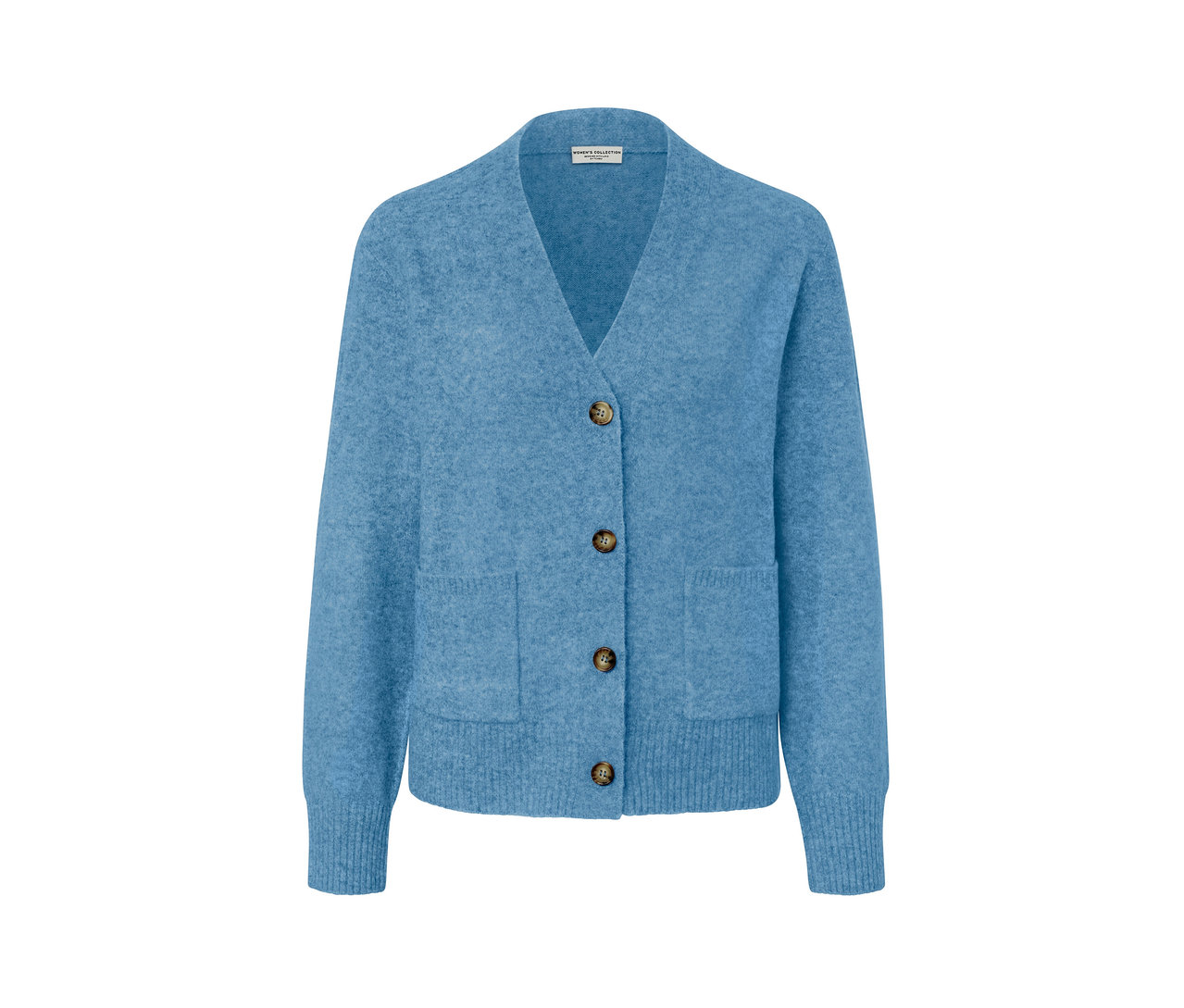 Jasnoniebieski rozpinany sweter z wełną, zapinany na brązowe guziki.