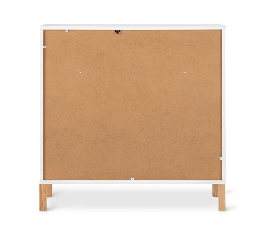 Widok z tyłu szafki typu sideboard „Eklund” z dwiema szufladami i drzwiami przesuwnymi.
