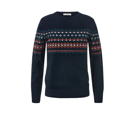 Granatowy sweter z geometrycznym wzorem.