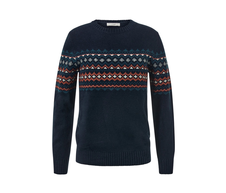 Granatowy sweter z geometrycznym wzorem.