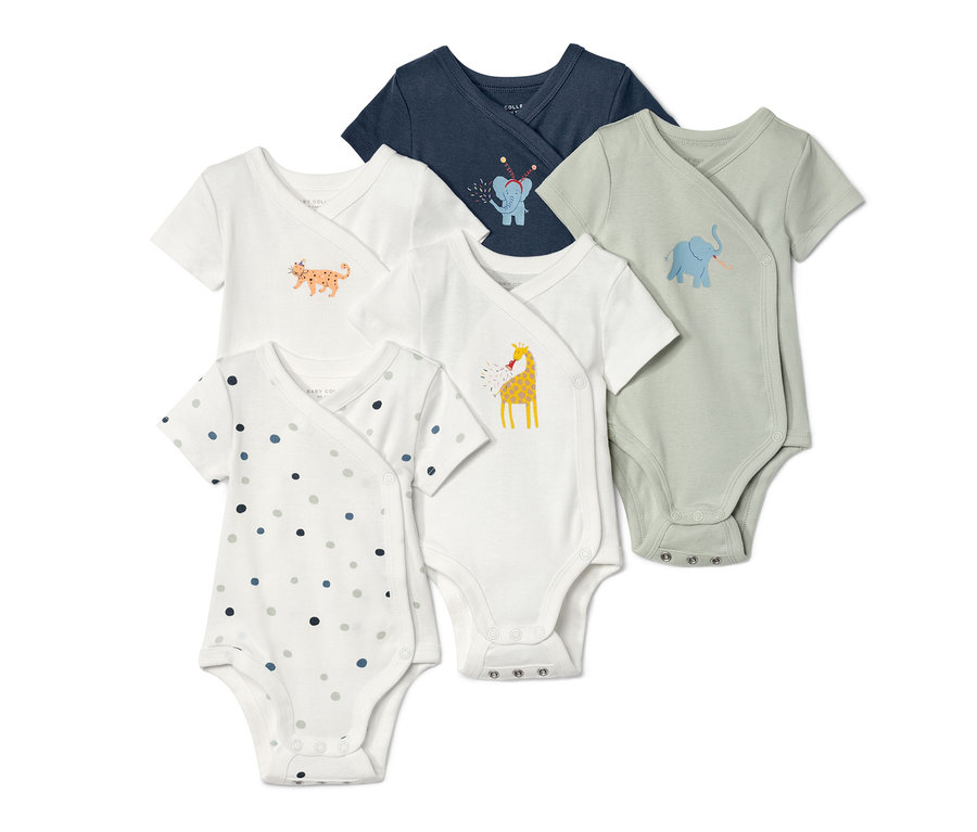 Pięć body niemowlęcych rosnących z dzieckiem z krótkim rękawem w kolorze białym, niebieskim i zielonym z nadrukiem zwierząt.