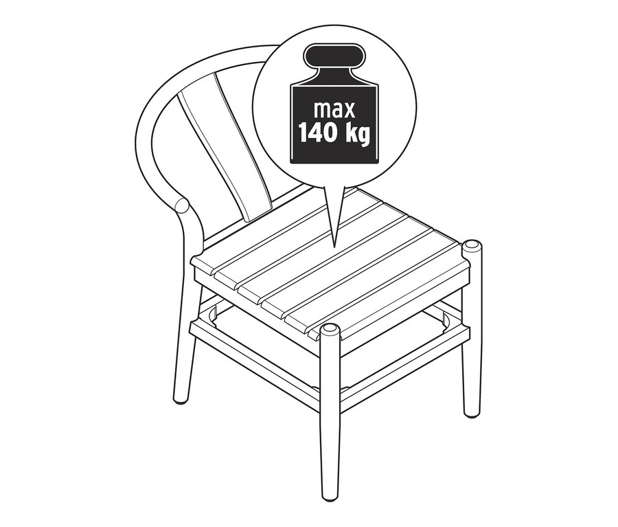 Czarno-biała ilustracja krzesła z drewna tekowego o maksymalnej nośności 140 kg.