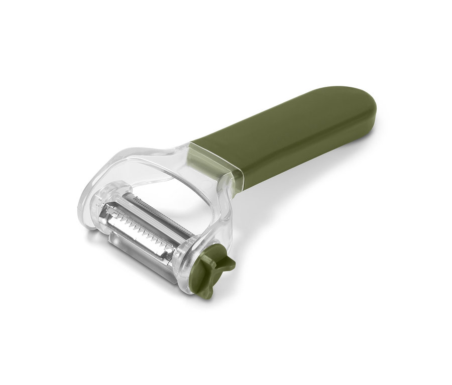 Zielona obieraczka uniwersalna 3 w 1 na białym tle.