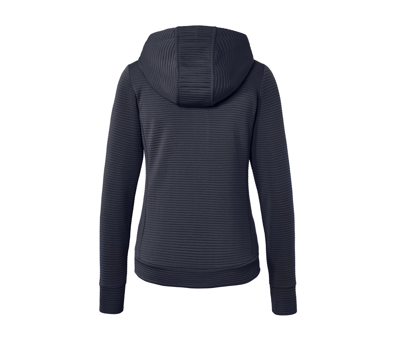 Widok z tyłu granatowej bluzy z kapturem.