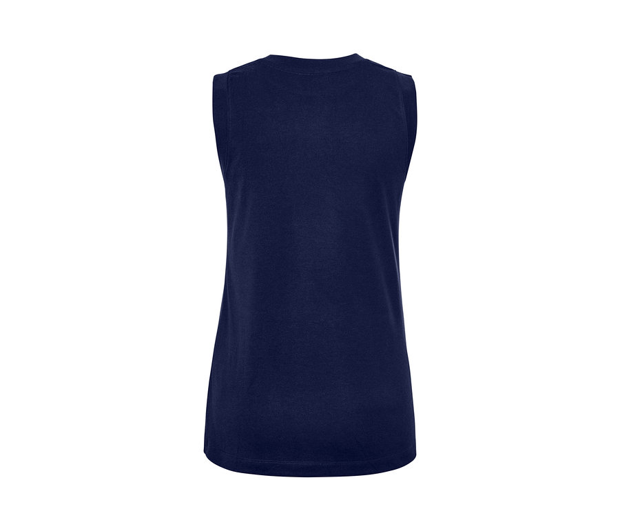 Granatowy top sportowy bez rękawów.