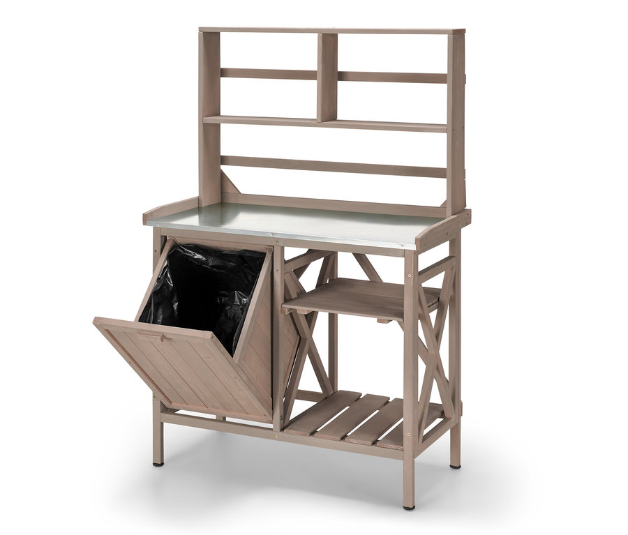 Stół roboczy »Jonte« z otwartym koszem na śmieci i półką.