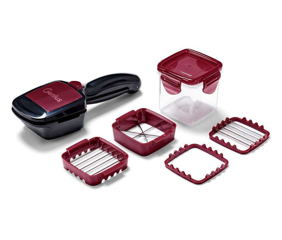 Rozłożony krajalnik Nicer Dicer Quick z różnymi nasadkami i pojemnikiem.