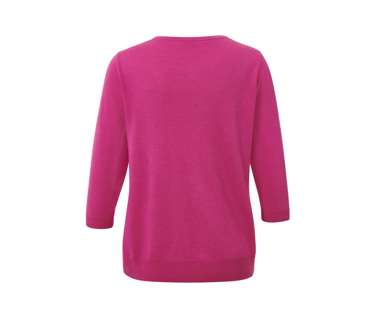 Zbliżenie na tył różowego swetra dzianinowego o drobnym splocie z jedwabiem.