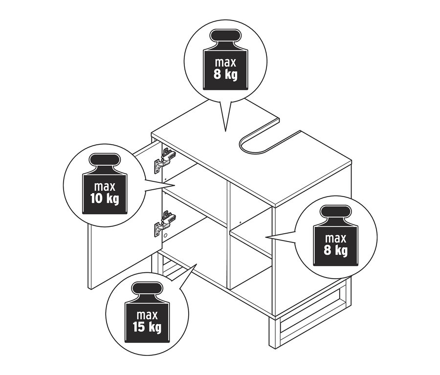 Rysunek szafki pod umywalkę z drzwiczkami i boczną przegródką, jedne drzwiczki są otwarte, a w środku znajduje się półka.
