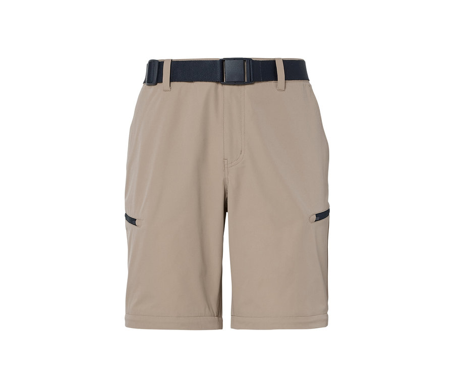 Beżowe spodnie funkcyjne 2 w 1 z czarnym paskiem.