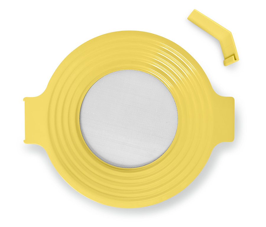 Żółta pokrywka z silikonową uszczelką i wyjmowanym korkiem.