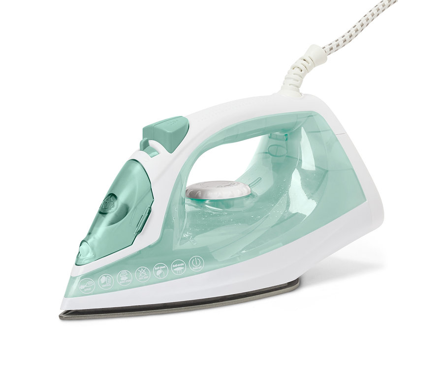 Białe i jasnozielone żelazko parowe.