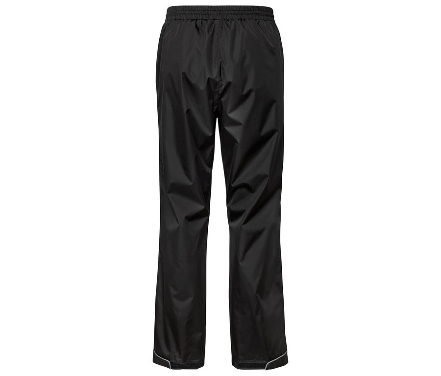 Czarne spodnie przeciwdeszczowe ze sznurkiem w pasie i odblaskowymi detalami na dole.