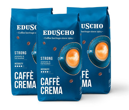 Trzy opakowania kawy ziarnistej Eduscho Caffè Crema Strong.