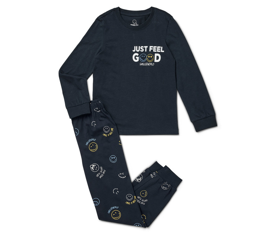 Granatowa piżama z długim rękawem i spodniami z nadrukiem uśmiechów.