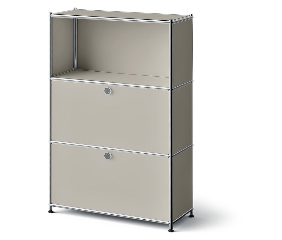 Beżowa szafka z dwiema szufladami i otwartą górną półką.