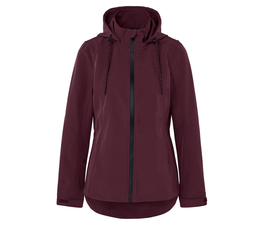 Burgundowa kurtka z kapturem i czarnym zamkiem błyskawicznym pośrodku.