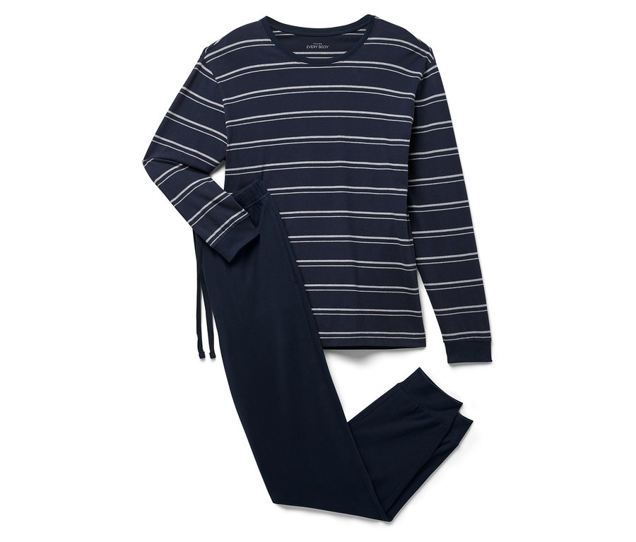 Niebieska piżama w paski z długim rękawem i spodniami.