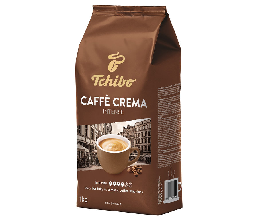 Brązowe opakowanie kawy ziarnistej Tchibo Caffè Crema Intense, 1 kg.