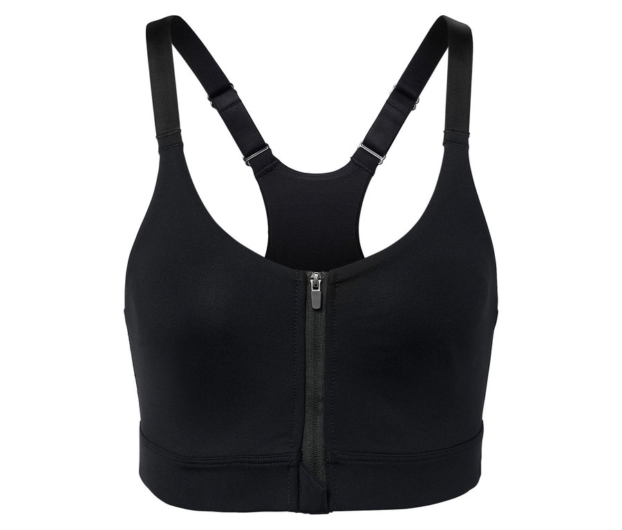 Czarny biustonosz sportowy z zamkiem błyskawicznym pośrodku.