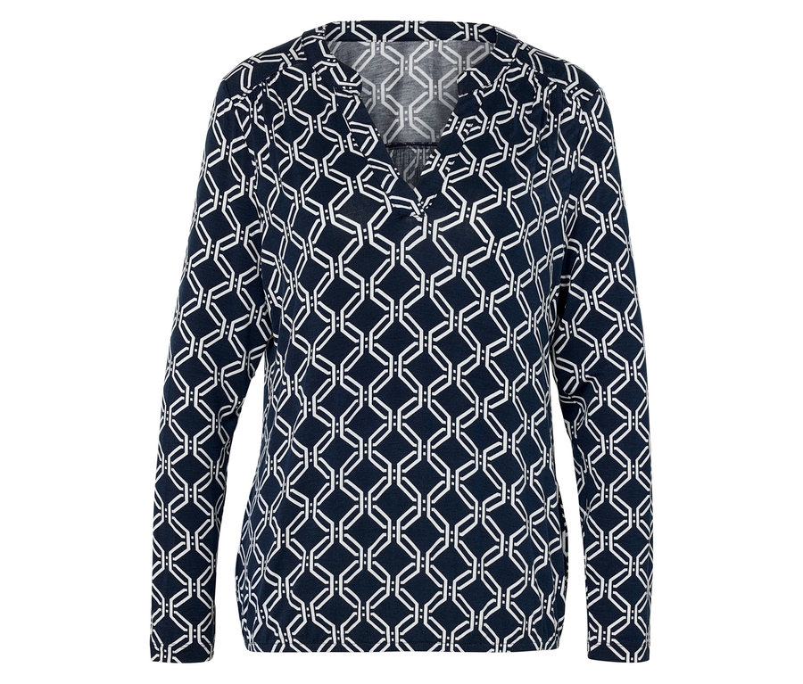 Damska bluzka z długim rękawem, granatowa z białym geometrycznym wzorem.