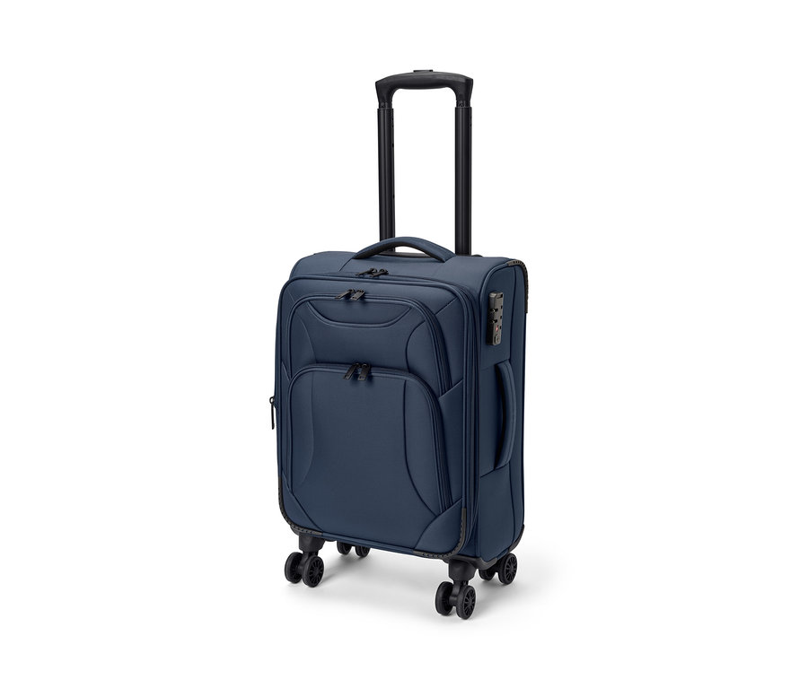 Niebieska walizka tekstylna, mała, z czarną teleskopową rączką i kółkami.